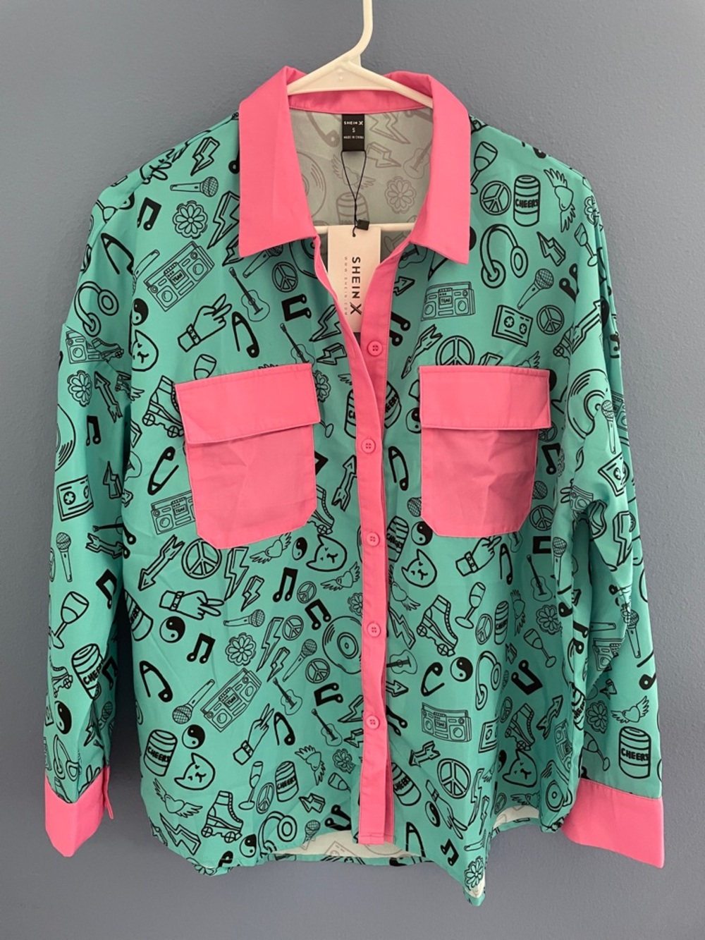Turquoise Pink Button-Up Shirt with Funky Rock n Roll Graphic Print